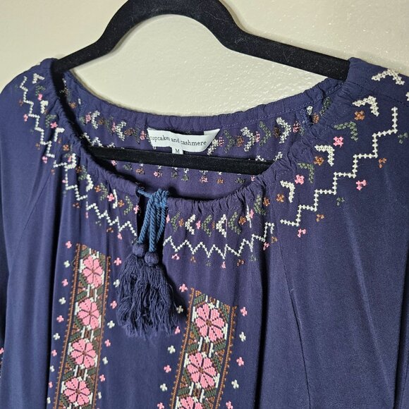 Cupcakes And Cashmere M Mini Dress Navy Blue Floral Embroidered Boho Peasant - Picture 2 of 6